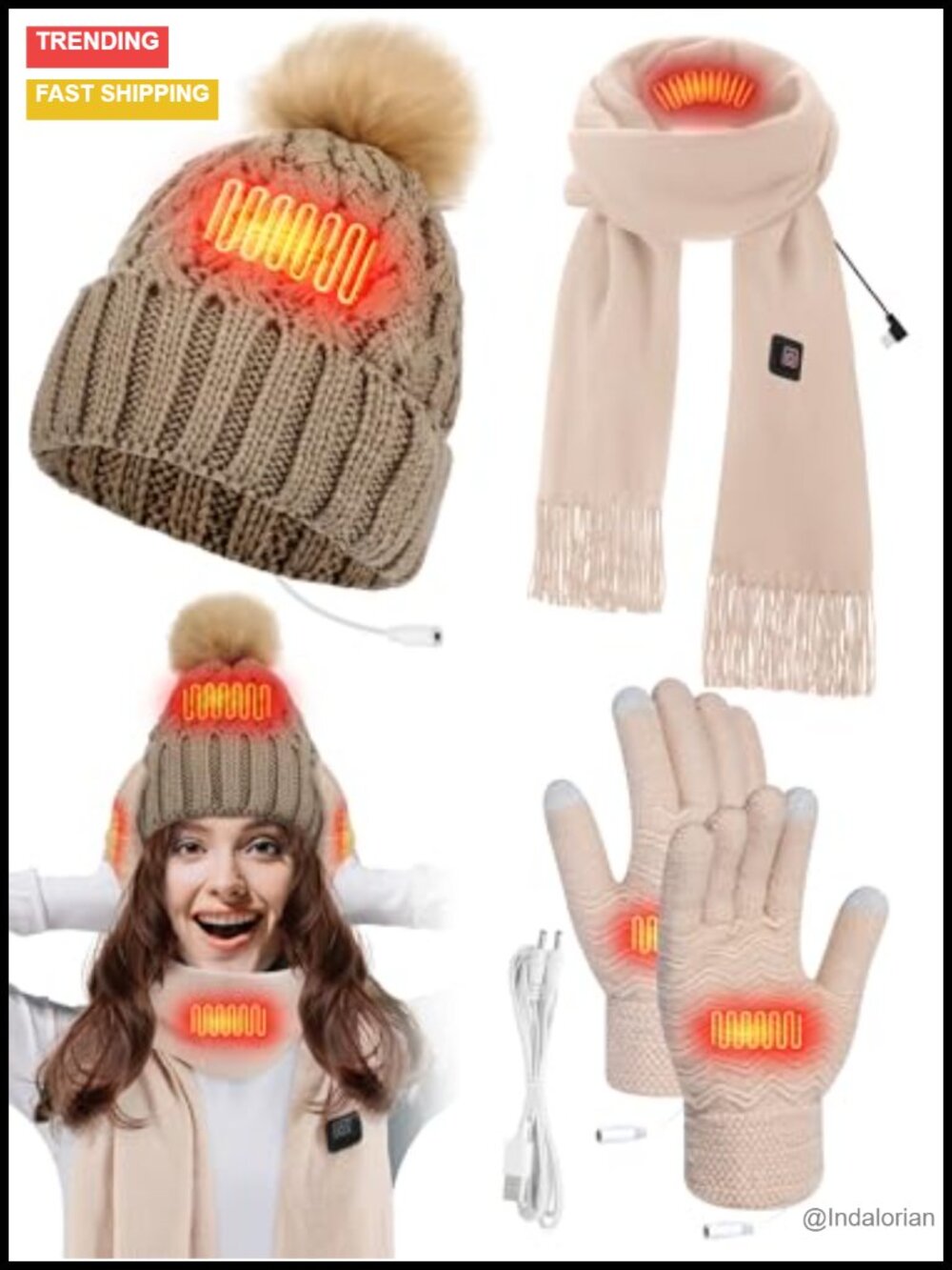 USB Heated Hat Scarf Gloves Set Knitted Fleece Lined 3 Level Winter Warm